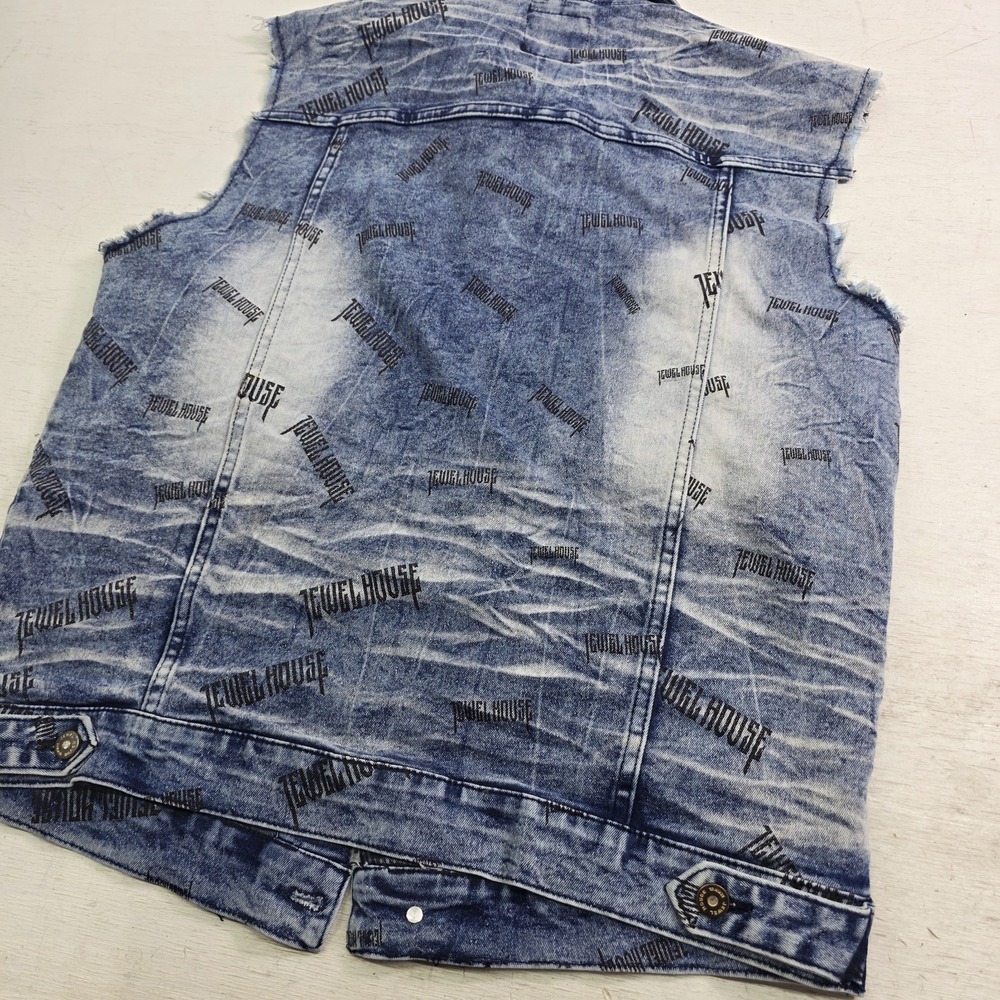 Jewel House AOP Logo Jean Jacket Distressed Wash Denim Button Vest Men's XL - Picture 8 of 10